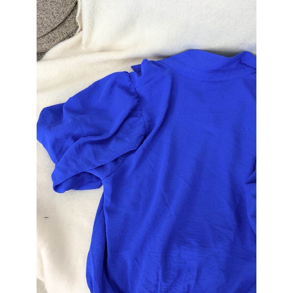 Flying Tomato Top Womens L Cobalt Blue Bubble Hem Blouse Puff Sleeve Collared - Picture 7 of 8